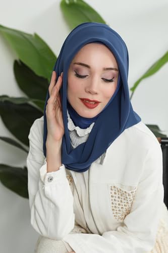 Aisha's Design Pre-tied Cotton-Chiffon Scarf for Women Practical Veil Instant Scarf Hijab Stylish Design - color: Dark Blue