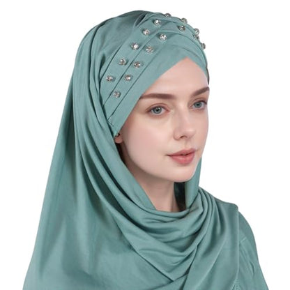 Muslim Head Scarf for Women Crystal Linen Rhinestone Cross Strap Turban Wrap Cap Elegant Breathable Sparkly Hijab - color: 03#_green