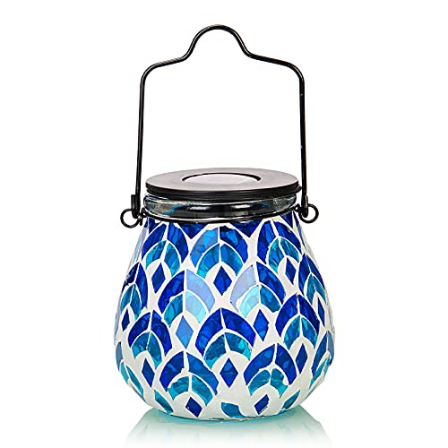 Afirst Outdoor Solar Lantern Waterproof Mosaic Glass Hanging Garden Light - color: Blue