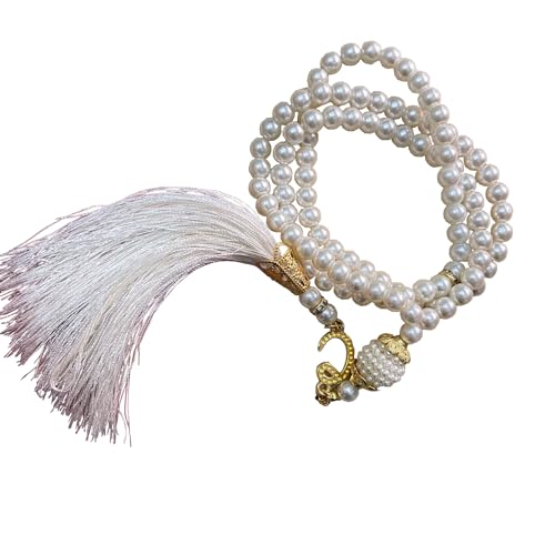 Tasbih Muslim Prayer Beads, 6mm 99 Glass Pearl Rosary Bracelet with Tassel, Natural Bead Pearls Tassel Pendant, Men Women Meditation Jewelry (Ecru) - color: Ecru
