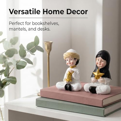 Ramadan Decorations Islamic Home Decor Muslim Boy and Girl Figurines Holding Lantern and Star Resin Table Centerpieces for Office Kids Eid Gifts Ideas Room Desktop Ornament