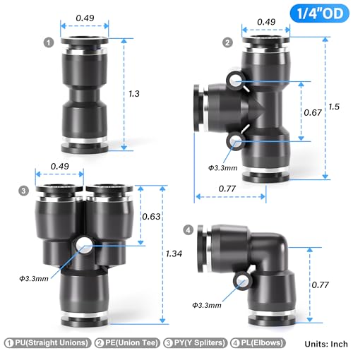 TAILONZ PNEUMATIC Black 1/4 Inch od Push to Connect Fittings Pneumatic Fittings Kit 10 Spliters+10 Elbows+10 tee+10 Straight (40 pcs) - color: Black, size: 1/4"OD/40PCS