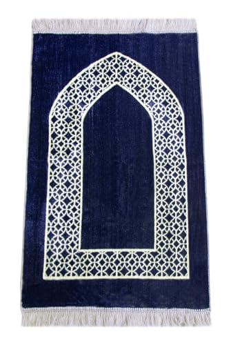 ihvan online Luxury Velvet Muslim Prayer Rug, Janamaz, Thick Soft Sajadah, Portable Travel Prayer Carpet Mat, Islamic Gift for Eid, Ramadan, Hajj & Umrah, Navy Blue - color: Navy Blue
