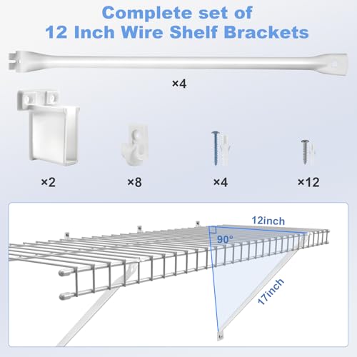 12 Inch Wire Shelf Brackets Set, 4 Pack Metal White Closet Support Bracket with End Brackets & Clips for Wire Shelving Wall Bracket Installation, Support Wire Closet Shelves Racks(4 Pack) - size: 4 Pack