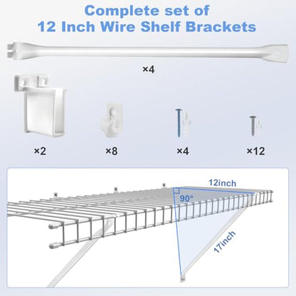 12 Inch Wire Shelf Brackets Set, 4 Pack Metal White Closet Support Bracket with End Brackets & Clips for Wire Shelving Wall Bracket Installation, Support Wire Closet Shelves Racks(4 Pack) - size: 4 Pack