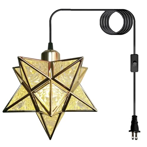 Gold Farmhouse Pendant Lights Kitchen Island,Indoor Plug in Hanging Light Fixture with 16.5ft Cord and Switch,Moravian Star Lights for Bedroom Hallway Porch Etc(LED Bulb Include) - color: Gold-Matt
