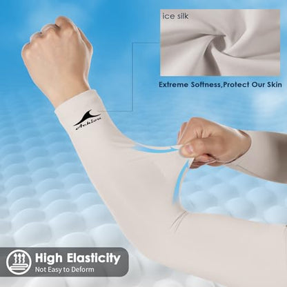 Achiou Cooling Ice Silk Arm Sleeves, Summer UV Sun Protection Compression Sleeves UPF 50+ for Women Volleyball Youth Sports - color: 2 Pairs: 1pair White,1 Pair Light Beige
