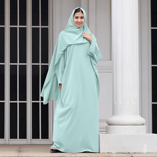 IDOPIP Abayas for Women Muslim Dress with Hijab, One-Piece Long Sleeve Islamic Prayer Dress with Khimar Jilbab Kaftan Clothes - color: Green + Hijab