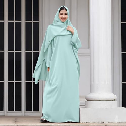 IDOPIP Abayas for Women Muslim Dress with Hijab, One-Piece Long Sleeve Islamic Prayer Dress with Khimar Jilbab Kaftan Clothes - color: Green + Hijab
