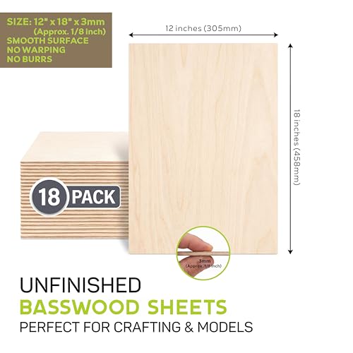 18 Pack Basswood Sheets 1/8" Thickness,Dimension 12"x18" | Unfinished Plywood Smooth,Thickness 3mm Basswood for Laser Cutting,Engraving,Wood Burning,Painting,Model Making,DIY Projects