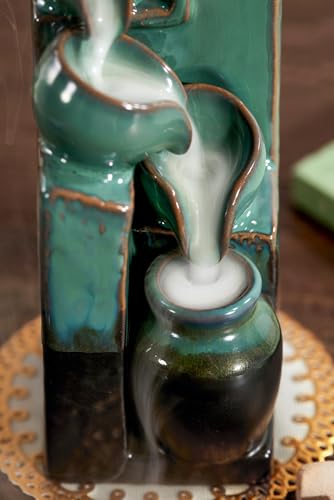 Unique Cascading Basins Ceramic Waterfall Incense Holder, Paired with a Pack of Backflow Incense Cones. (Blue) - color: Blue
