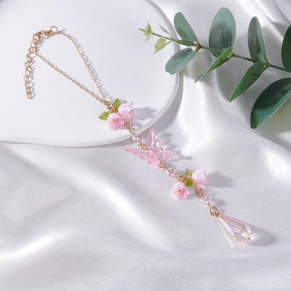 Butterfly Crystal Car Charm Lily Flower Beaded Mirror Hanging | Pink Lily Of The Valley Flower Beaded Pendant. Elegant Hanging Car Interior Decor Ornament. Crystal Butterfly Mirror Charm. - style: Butterfly