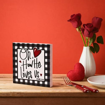 Smile Christian Valentine's Day Wooden Decor, Buffalo Plaid Heart | Oh How He Loves Us, John 3:16 Ornament, Indoor Decoration, Gift Box Included - style: Christian Valentine