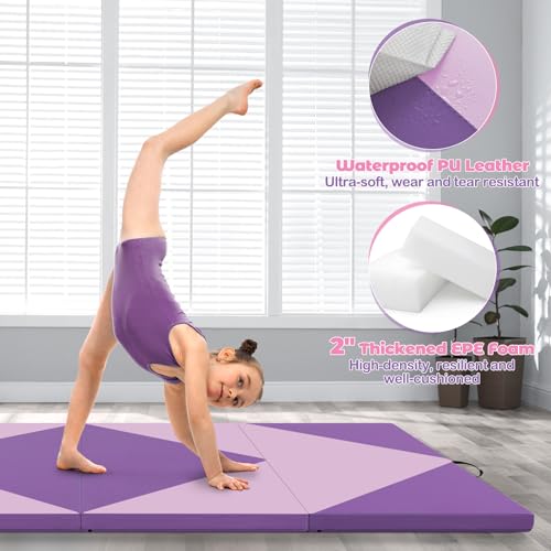 Giantex 4'x8' Gymnastics Mat, 2" Thick Folding Tumbling Mat with Carrying Handles, Foldable Gym Mat with Hook and Loop Fastener, Cheer Mats for Kids Adults Home Exercise Aerobics Fitness - color: Light Pink/Purple