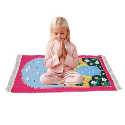 Pssopp Pray Rug for Kids, Thick and Soft Convenient to Carry Not Easy Fade Children Meditation Mat with Tassel Pray Beads Pendant Cylinder for Worship (Pink) - color: Pink