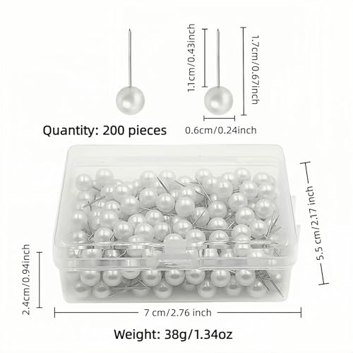 200PCS Pearl Head Pins, Decorative Pearl Ball Map Tacks with Plastic Storage Box, White Pearl Pushpins for DIY Wedding, Crafts, Sewing, Bulletin Board, Fabric Positioning (Pearl White)