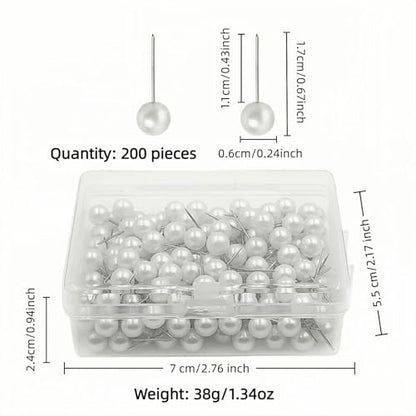 200PCS Pearl Head Pins, Decorative Pearl Ball Map Tacks with Plastic Storage Box, White Pearl Pushpins for DIY Wedding, Crafts, Sewing, Bulletin Board, Fabric Positioning (Pearl White)