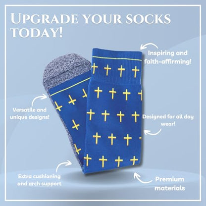 Men's – Christian Crew Socks for Men with Scripture | Moisture-Wicking | Easter Gift Idea - color: Blue and Gold Crosses