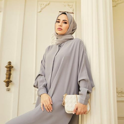 ODASDO Muslim Dresses for Women Abaya Button Down Henley Shirt Prayer Dress Batwing Long Sleeve Middle East Arabian Robe - color: Gray