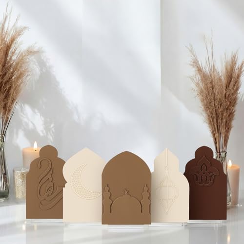 Yookeer 5 Pcs Ramadan Table Sign Acrylic Islamic Eid Mubarak Table Decor Monochrome Ramadan Mubarak Home Tabletop Decoration for Mosque Islamic Monochrome Sign Gifts
