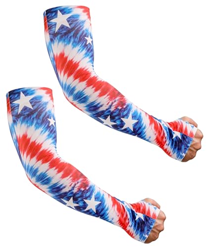 Aueyan Arm Sleeves for Men Women,Cooling Sleeves with Thumb Holes,Funny Sun Protection Arms Cover with Print Pattern - color: Tie Dye Flag