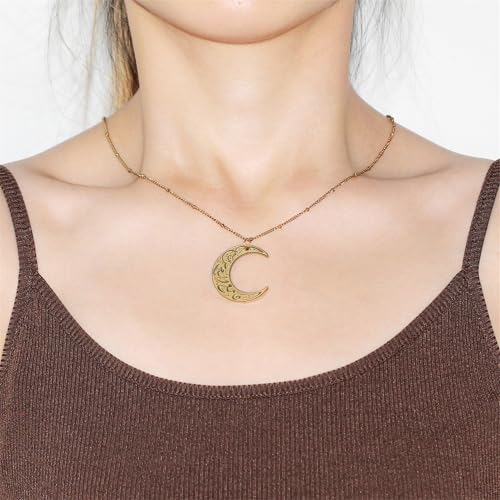 Stainless Steel Arabic Moon Pendant Necklace - Islamic Allah Symbol Jewelry for Men and Women - Religious Amulet Talisman Gift YA4979 - color: gold moon pendant necklace