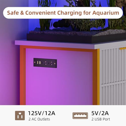 55-75 Gallon Fish Tank Stand with Power Outlets, LED Light, Vertical Lines, Heavy Duty Aquarium Stand with Cabinet for Fish Tank Accessories Storage, Turtle Tank, Reptile Terrarium, 1100LBS, White - color: White and Gold