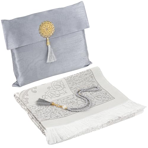 Modefa Islamic Prayer Mat Muslim Gifts - Thin Travel Muslim Prayer Rug in Taffeta Gift Bag with Tasbih Beads Prayer Matt Islam - Chenille Turkish Praying Carpet - Ramadan Gifts (Gray) - color: Grey