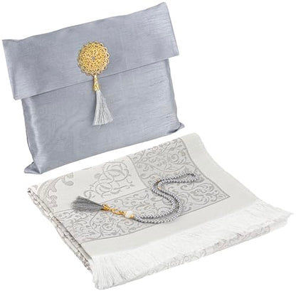 Modefa Islamic Prayer Mat Muslim Gifts - Thin Travel Muslim Prayer Rug in Taffeta Gift Bag with Tasbih Beads Prayer Matt Islam - Chenille Turkish Praying Carpet - Ramadan Gifts (Gray) - color: Grey