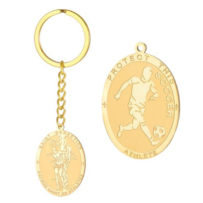 Dreamtimes St. Sebastian Medal Keychain for Men Women Stainless Steel Religious Saint Patron of Athletes Catholic Keychain - style: Soccer-g