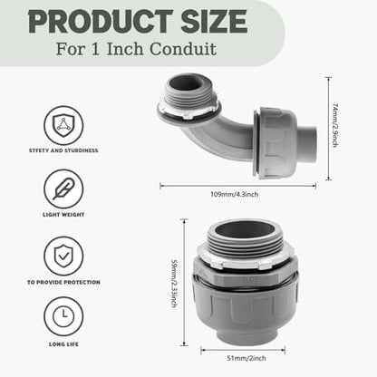 10 Pack 1 Inch Liquid Tight Connectors - PVC Electrical Conduit Fittings, Straight, 90 and 180 Degree Non-Metallic Flexible Connectors for Home, Bathroom, and Kitchen, Gray - size: 1 Inch 10-Pack (90D+180D)