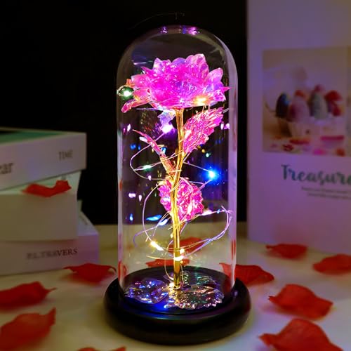 Fvawe Birthday Gifts for Women,Rose Glass Flowers Gifts for Mom,Galaxy Crystal Light Up Rose in A Glass Dome,Presents Girlfriend Wife Sister Grandma Her Anniversary Valentines Mothers Day, Pink - color: Pink Colorful