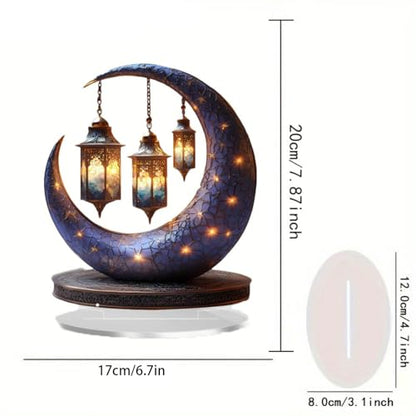 Eid Mubarak Crescent Moon Table Decoration with LED Lights and Hanging Lanterns, 7.87 Inch