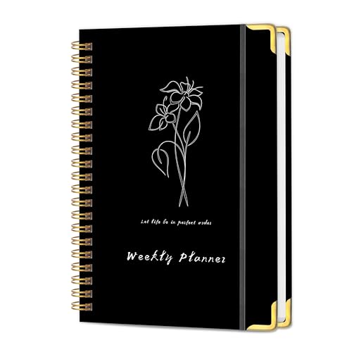 Undated Weekly Planner with Metal Corner Hardcover Notebook , A5 Size Journal with To Do List Planner, Habit Tracker,Weekly Goals for ADHD,Student, Office, Women, Men ,Gifts,6 x 8 inches，Spiral Bindding ,Black - color: Black-Metal corner