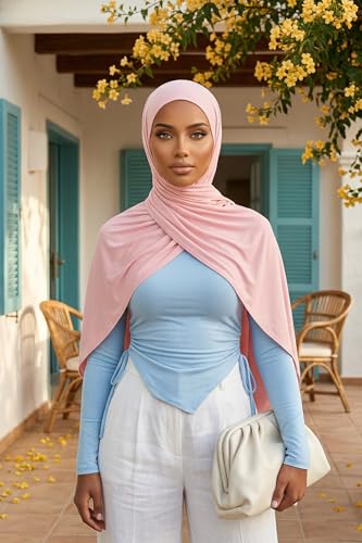 Aisha's Design Neck-Covering Practical Jersey Hijab with Built-In Ninja Bonnet - color: Powder
