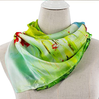 100% Mulberry Silk Scarf-Printed or Solid Color 35” Square Large Silk Hair Head Wrap Scarf With Gift Box Package - color: F Pattern: Beautiful Natural Scenery