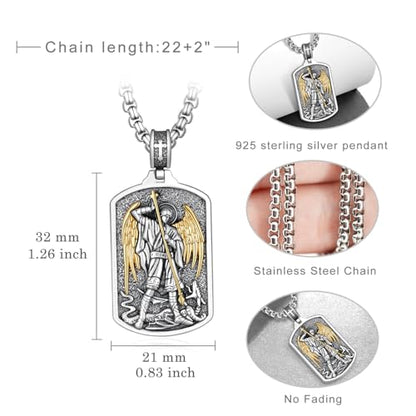 Western Catus/Knights Templar/St Michael/Santa Muerte/Praying Hand/Spartan/Virgin Mary/Tetragrammaton/Wrestlers/Allah Necklace Sterling Silver Dog Tag Necklace Christian Jewelry Gifts for Men - style: St Michael