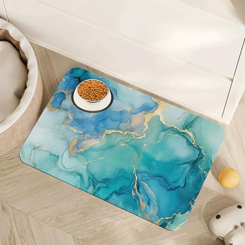 Marble Dog Cat Food Mat,Blue Teal Turquoise Gold Absorbent Pet Feeding Mat with Rubber Backing,Non-Slip Water Bowl Placemat,Indoor Pet Accessories Supplies 16"x24" - color: Blue Teal Turquoise Gold, size: 16"L x 16"W