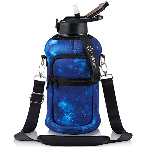 Fimibuke Half Gallon Water Bottle with Sleeve 64 OZ Water Bottle with Handle & Straw Leakproof Motivational Sports Gym Water Bottle with Time Marker BPA Free Water Jug with Reusable Neoprene Holder - color: C9.Galaxy
