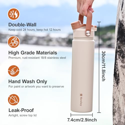 24 oz Insulated Water Bottle, 2-in-1 Lid, Straw & Spout with Protected, Leak Proof, Keep Cold 24H, Cup Holder Fit, Stainless Steel, Metal, Reusable, for Travel, Gym and School, 2 Lids, Mousse - color: Mousse, size: 24 Ounces