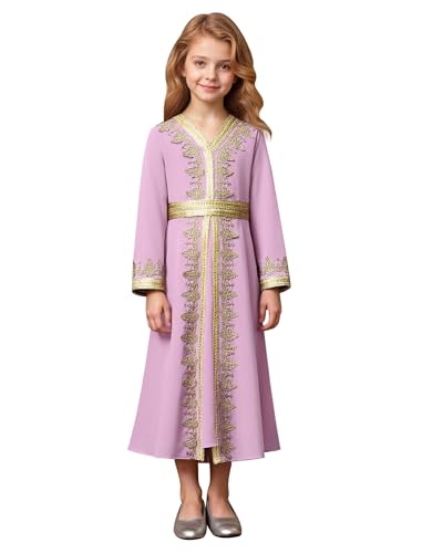 Muslim Dress for Kids Girls Abaya Middle East Ramadan Long Sleeve Lace Prayer Dress Arabic Kaftan with Belt - color: Purple Pink, size: 7-8 Years