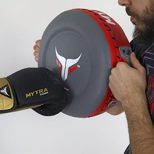 Mytra Fusion Boxing Round Pad Kickboxing Coach Training Punching Focus Mitts for Martial Arts, MMA & Muay Thai, Strike Boxing Focus Pads for Speed, Focus & Accuracy - color: Grey/Red