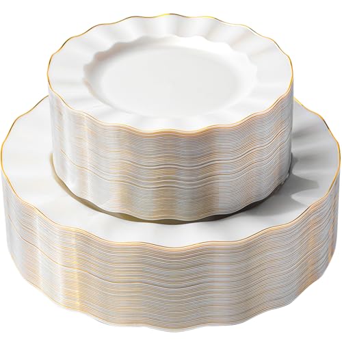 72PCS Pearl White Plastic Plates, Wavy Plates with Gold Rim - color: Peal White, size: 72PCS