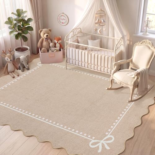 Garvee Scalloped Bow Rug Camel Washable Solid 3x5 Area Rugs for Living Room - color: Dark Beige, size: 3' x 5' (Rectangular)