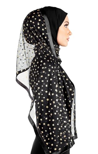 Stylish Mona Hijab Women's Black Kuwaiti with Chiffon Wrap Shawl & Satin Trim - color: Black With Gold Stars