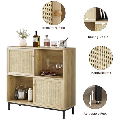 IDEALHOUSE Coffee Bar Cabinet, Rattan Buffet Cabinet with Storage, Wood Sideboard Cabinet with Sliding Door, Accent Cabinet for Kitchen, Dining Room, Living Room, Entryway, Natural Oak - color: Natural Oak…