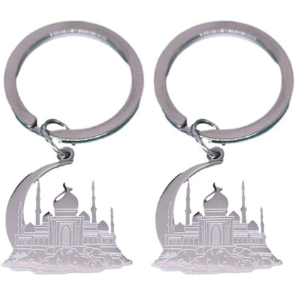Mosque with Crescent Pendant Keychain for Women Men Muslim Jewelry Fashion Keyring Stainless Steel Islamic Key Chain Gift - color: Silver