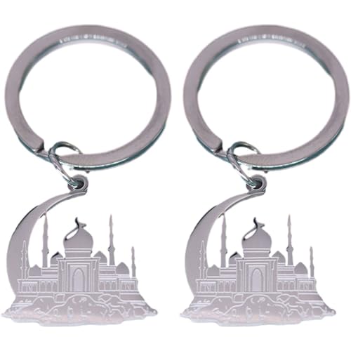 Mosque with Crescent Pendant Keychain for Women Men Muslim Jewelry Fashion Keyring Stainless Steel Islamic Key Chain Gift - color: Silver