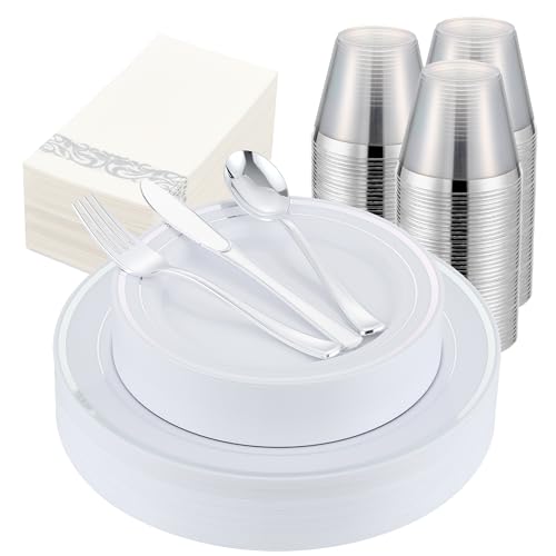 350 PCS Silver Plastic Dinnerware for 50 Guests,Silver and White Disposable Plates for Party Wedding with Napkins, 50 Dinner Plates, 50 Dessert Plates, 50 Silverware Set, 50 Cups - color: Silver, size: 50 Guests
