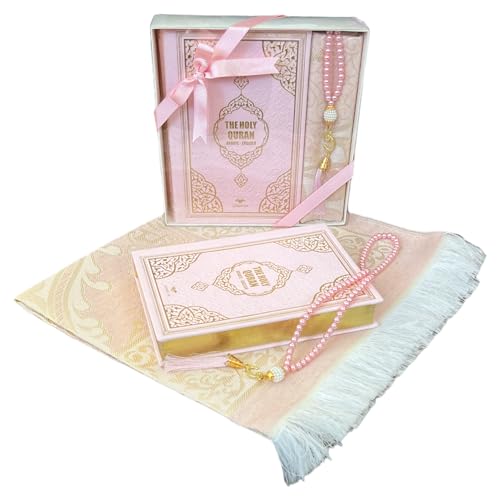 English Translate Thermo Leather Covered Quran, Tafta Prayer Mat and Beads Set |Quran Size:8x5.5x1.2 İnch/20x14x3cm | Muslim Prayer Mat | Great Ramadan Gifts for Muslim Men,Women (Pink, 1 Sets) - color: Pink, size: 6" x 8" (Rectangular)